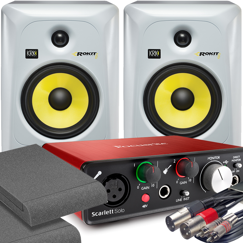 2x KRK RP6 G3 White & Focusrite Solo 2nd with Pads and Cables ...