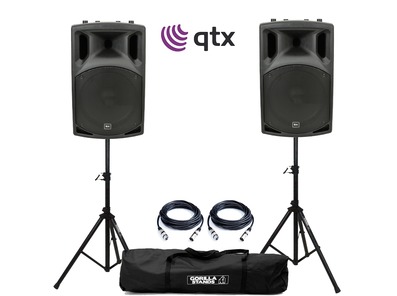 QTX QX15A Active Speakers with Stands & Cables