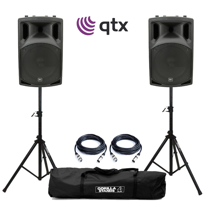 QTX QX12A Active Speakers with Stands & Cables
