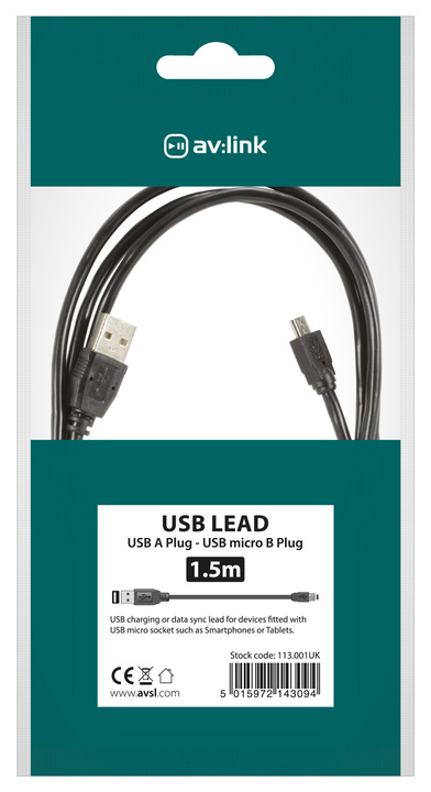 USB 2.0 A Plug to Micro B Plug Lead 1.5m Cable
